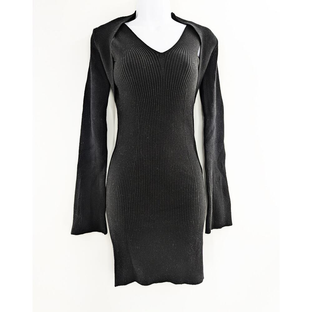 Stitches & Stripes Black Ribbed Knit V-Neck Mini Dress Long Sleeve Cold Shoulder - Picture 6 of 13